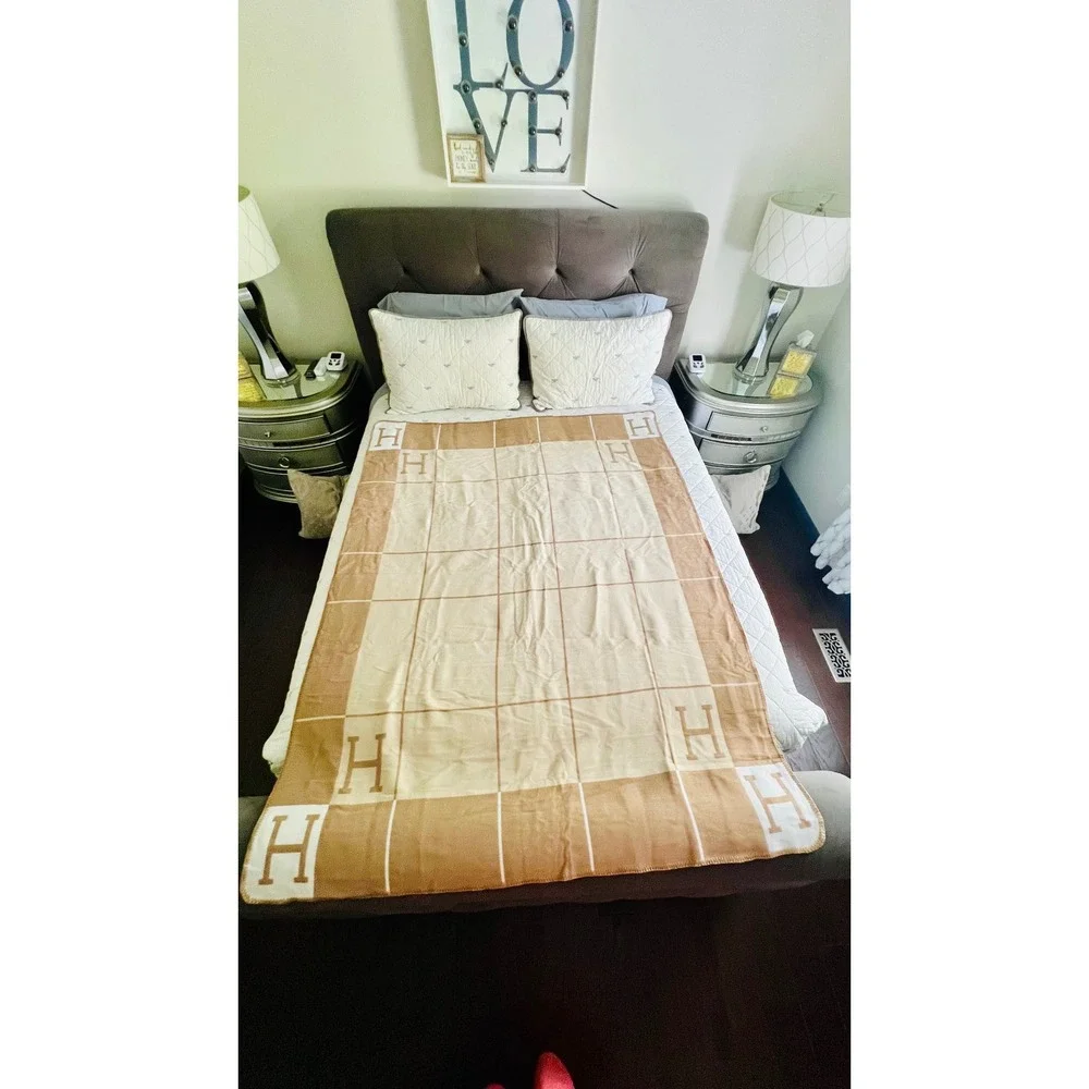 Letter H Throw Blanket 52x69 Tan Beige Reversible Cozy Home Decor NWOT